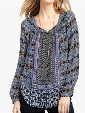 Lucky Brand Blue and Black Geometric Peasant Blouse